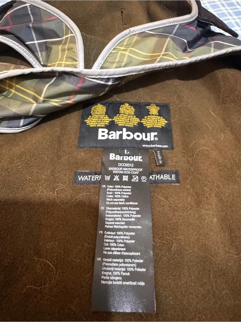 Barbour Olive, Black & Yellow Tartan dog rain coat - large